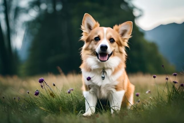 An adorable corgi sitting in the grass looking at the camera
